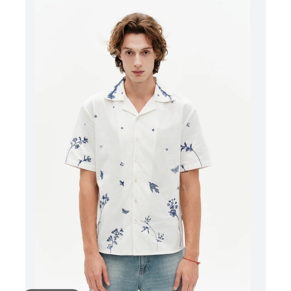 YITAI Fine China Summer Shirt Linen Cotton Embroidery Scalloped Hem Cream Blue L